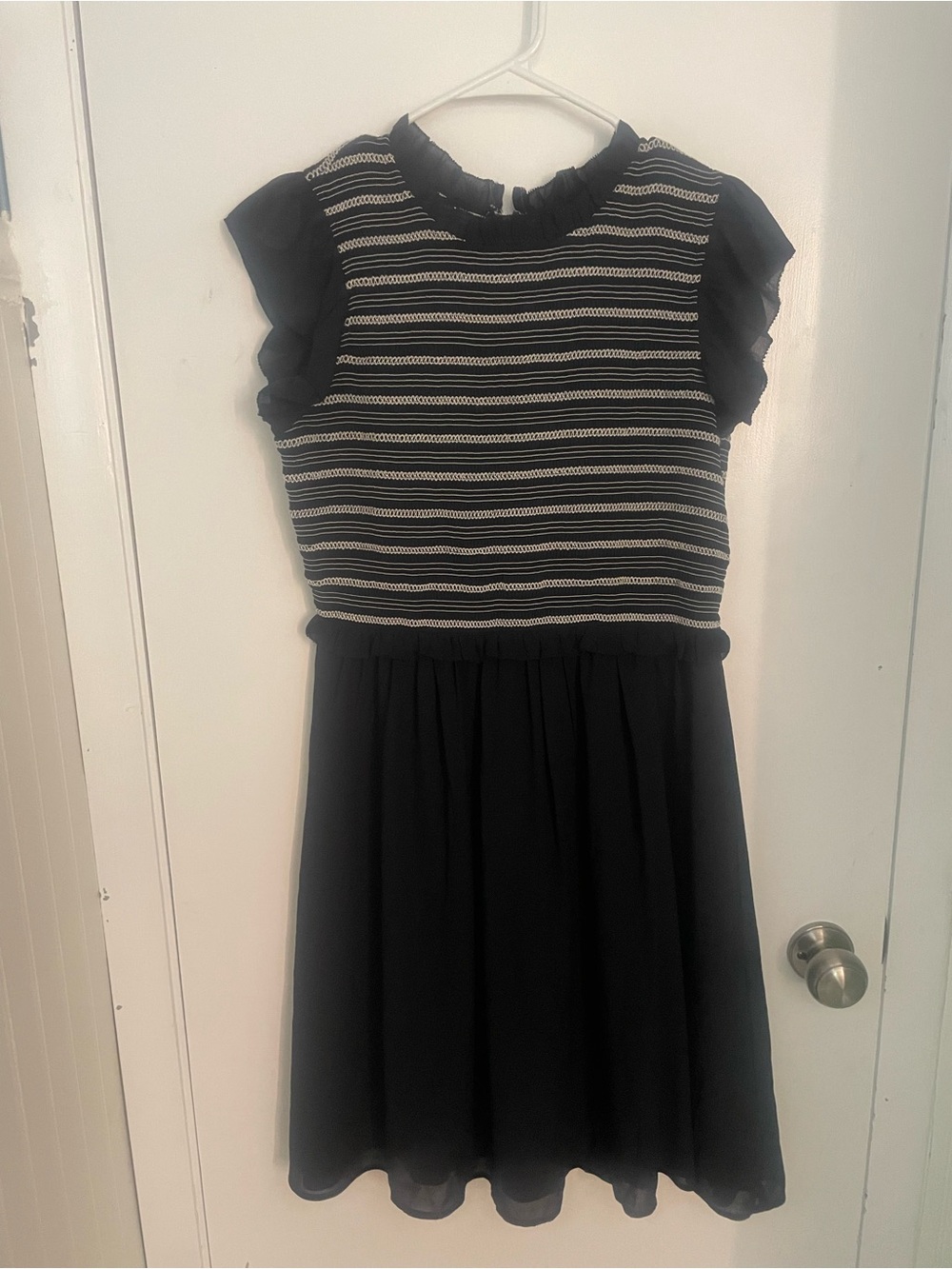 Ann Taylor Black Dress with White Striped Bodice and Ruffle Sleeves
